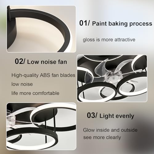 SXJCCSM 72 W Dimmable Ceiling Fan Ceiling Light, Silent LED Chandelier Design with 6 Rings with Remote Control and APP, 6 Speeds Reversible, Timing, Suitable for Kitchen, Living Room, Bedroom, Black