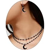 Mexegy Vintage Black Beaded Choker Necklace Earring Set for Women,Gothic Dark Moon Statement Dangling Earring,Trendy Halloween Party Vampire Jewelry Accessories Gifts
