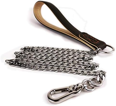 fourhorse 4FT Heavy Duty Dog Leash,Soft Padded Leather Handle Lead,Chain Dog Leash with 304 Stainless Steel