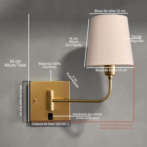 Arandela luminaria de Parede Quadrada Articulável Dourado Com Interruptor aluminio e Cúpula algodão bege
