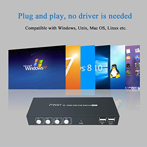 4x1 HDMI KVM Switch 4 Port Ultra HD 4K@30Hz, USB 2.0, HDCP 1.2, No Power Adapter Required, Support Wireless Input Device and Hotkey Switch, with 4 HDMI and USB Cables