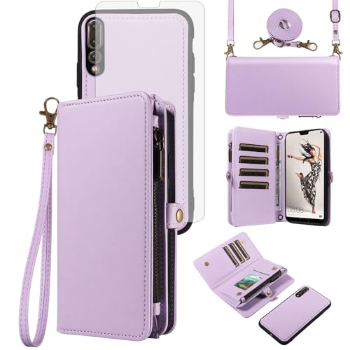 Asuwish Phone Case for Huawei P20 Pro Zipper Wallet Detachable Cover with Tempered Glass Screen Protector Crossbody Lanyard Strap Flip Card Holder Slot Hawaii P 20Pro 20 P20pro Women Men Purple