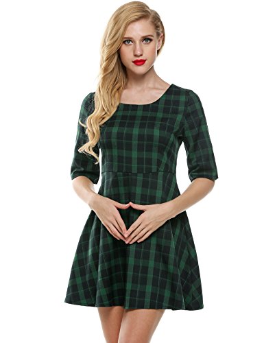 Meaneor Women's Half Sleeves Green Plaid Hight Waist Casual Swing Mini Dress Green S