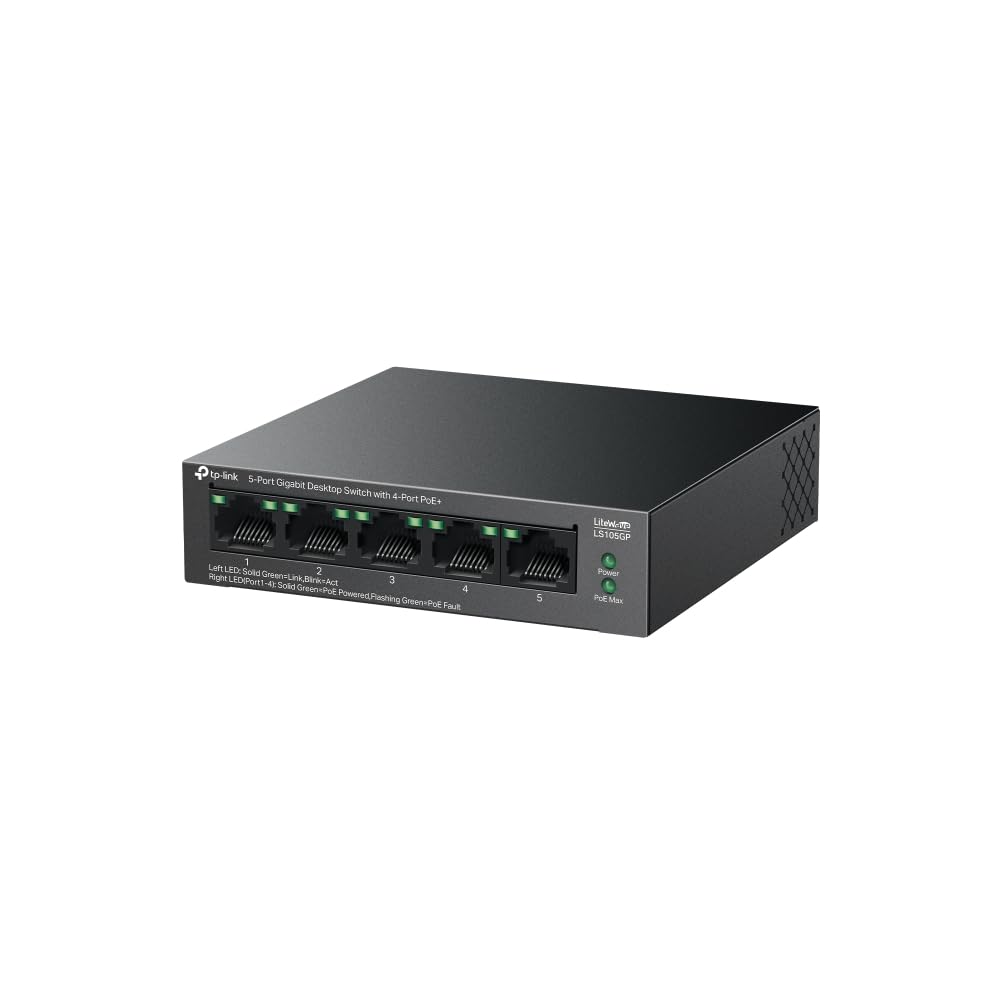 TP-Link LS105GP, 5-Port PoE Gigabit Ethernet Switch, 4 PoE+ Ports mit 62 W, Plug & Play, Extend-Modus, PoE Auto Recovery, Desktop-/Wandmontage, geräuschloser Betrieb 3