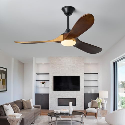 KUNYWOOE 52“ Ceiling Fan with Lights and Remote, App Control, 3 Solid Wood Fan Blades, Dimmable LED, 6 Fan Speeds Reversible for Bedrooms, Living Room, Outdoor Ceiling Fan for Patios (Walnut)