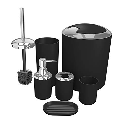 Bathroom Accessories Set 6 Pieces Plastic Bathroom Accessories Toothbrush Holder, Rinse Cup, Soap Dish, Hand Sanitizer Bottle, Waste Bin, Toilet Brush with Holder (Black) - Thumbnail 2