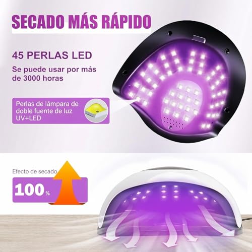 Lámpara de Uñas, UV/LED Secador de Uñas de 280W, Lámpara UV para Uñas con 45 Luces, Lámpara de Uñas para Esmalte de Gel con 4 Ajustes de Temporizador, Función de Temporizador de Memoria y Pausa
