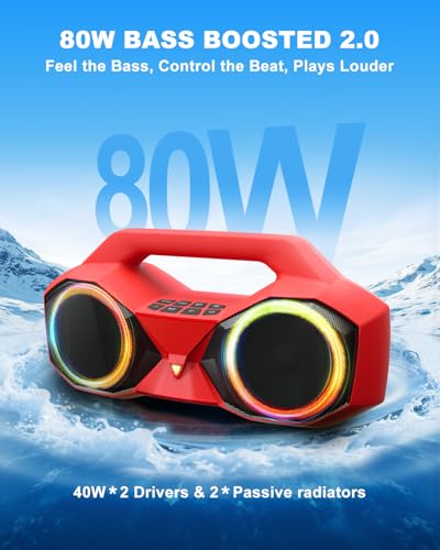 OZJ Bluetooth Speaker 80W(Peak) Loud with Bass, 20H Playtime, IPX7 Waterproof, RGB Lights, TWS, Large Portable Wireless Speakers for Outdoor, Home, Party, Pool, Beach, Tailgating, Gym, Work (Red)