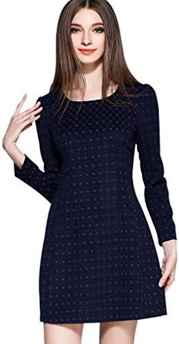 Maycabin Women's Fall Slim Round Collar Long Sleeve Plaid Red Wave Point Fuzzing Dress Size M Dark Blue