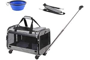MEXMIODY Cat Carrier, Dog Carrier with Wheels, Pet Carrier for Pet with Telescopic Walking Handle,Easy to Fold,Grey