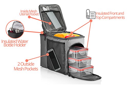 HemingWeigh Reusable Insulated Lunch Box - Durable Lunch Bag Cooler w/Spacious Storage Compartments - Includes 3 Food Storage Containers & Ice Pack (Gray)