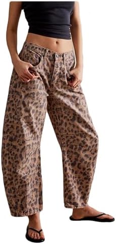 Hesaco Leopard Print Jeans for Women - Y2K Patchwork Loose Cheetah