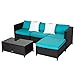 Peach Tree 5 PCs Outdoor Furniture Sectional Sofa with Ottoman and Glass Table Set Patio Black PE Rattan Wicker Sofa with Turquoise Cushions