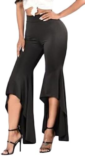 UUYUK Womens High Waist Ruffle Hem Flared Trousers Solid Palazzo Pant Black US S