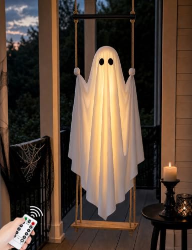 Joyehome Halloween Decorations Outdoor 4.6FT Pre-Assembled Hanging Swing Ghost with Remote Lights Spooky Hanging Ghosts for Porch Yard Tree Party