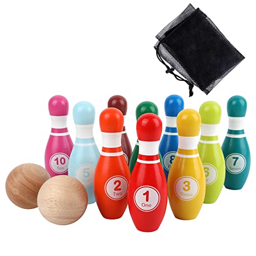 WODI Wood Bowling Backyard Games Wooden Pins Balls,and Mesh Carrying Bag Educational Games Indoor and Outdoor Toys Family Fun for Kids Toddlers and Adults