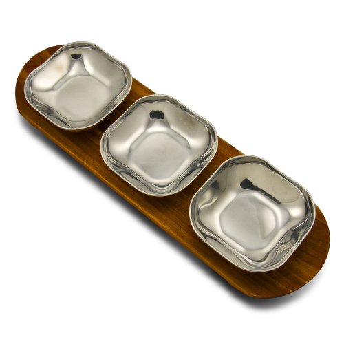 Wilton Armetale Boston Three 4-1/4-Inch Bowls, with Acacia Wood Tray, Rectangular, 13-Inch by 4-1/2-Inch