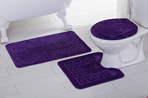 Mk Home 3pc Absorbent Bath Mat Set Solid Dark Purple Chain Design Pattern with Bath Rug, Contour Mat and Toilet Seat Lid Cover Non-Slip Rubber Blacking New
