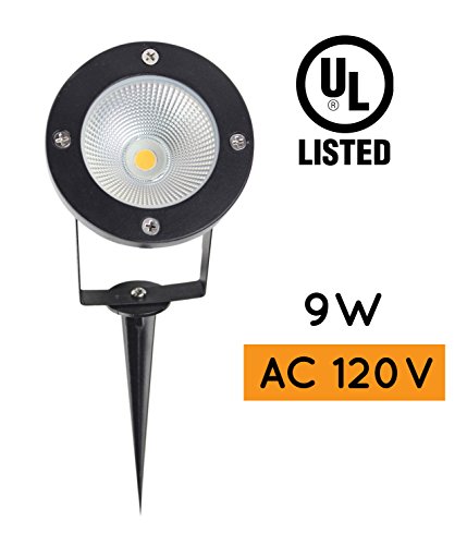 J.LUMI LED Landscape Spotlight 9W, AC 120V high voltage, replaces 75W halogen, metal ground stake, 6500K daylight white, NOT dimmable, NOT with photocell sensors, corded with plug UL listed