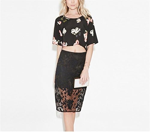 JIAONIZUOREN Women Pencil Laceknee-Length Skirt Solid Black Hollow Out Slit Bodycon Elegant Skirts