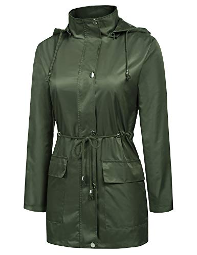 URRU Women's Waterproof Outdoor Raincoat Lightweight Rain Jacket Active Hooded Windbreaker Trench Coat Army Green S - Thumbnail 2