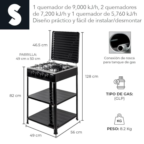 SIGNA Parrilla De Gas Con 4 Quemadores Estufa Acero Inoxidable 50 Cm Parrilla Perillas Reguladoras Quemador De Gas Resistente Con Tapa Y Mueble De Dos Niveles De Acero (Negra)