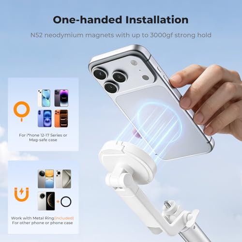 K&F CONCEPT 180cm Trípode para móvil, Palo Selfie magnético y con Pinza, luz Relleno y Mando a Distancia, Soporte automático Compatible con iPhone 17-12, Osmo Pocket 4/3 e Insta360 X5 Luna Ultra