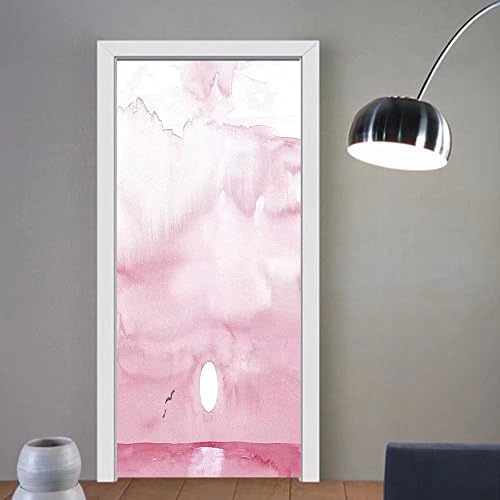 Gzhihine custom made 3d door stickers Seagulls Decor Scrapbook Style Cut and Pasted Nautical Sketches of Seagull Clouds and Lighthouse Decor Brown Cream Blue For Room Decor 30x79