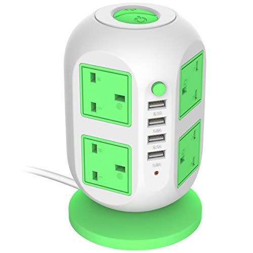 USB Power Strip LECTCAFE Surge Protector Tower Power Socket Outlets, Vertical Multi-Socket with 8 Outlets and 4 USB Ports Universal Charging Station for Home and Office（Green)