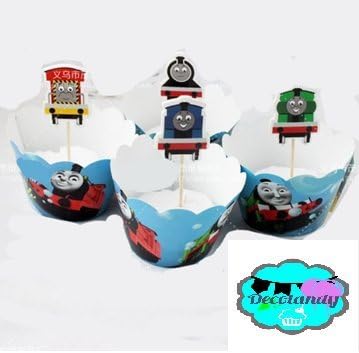 Decolandy 12 sets Thomas the Train Cupcake toppers and wrappers,Thomas the train party decoration ,train party theme