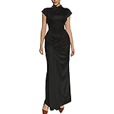 Mojessy Women Bodycon Maxi Dress Sexy Mock Neck Lace Up Bandage Ruched Short Sleeve Long Dress Cocktail Dress