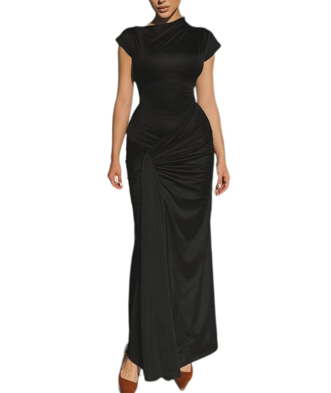 Photo 1 of  Maxi Dress Sexy Mock Neck Ruched Short Sleeve Long Dress Cocktail Dresses Black