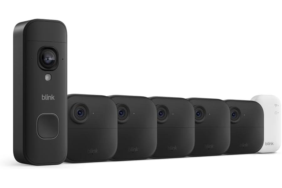 Blink Outdoor 4 and Battery Doorbell 2K+ (newest model) — Two-year battery 1080p cameras and 2K battery doorbell. Sync Module Core included — 5 Cameras + Doorbell (Black)