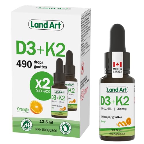 Certified Organic Vitamin D3 & K2 (MK7-Natto) - Bones & Immune Support Drops - Non-GMO - Gluten-Free - Fast Absorption - Liquid Supplement - Made in Canada - 490 Drops - 13.5 ml (Pack of 2)