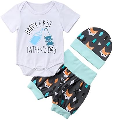 Gift for dad-Happy First Father's Day 3Pcs Infant Baby Romper Bodysuit+ Pants Set +Hat Outfit Set