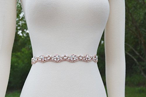 Skinny Rose Gold Rhinestone and Bead Sash Belt for Wedding Dress