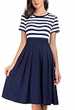 AAMILIFE Women's Vintage Stripe Scoop Neck Short Sleeve Swing Dress