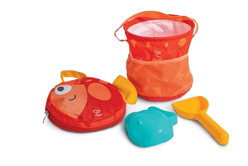 Hape Fold and Go Beach Toy Sets with Easy Carry Cavas Bag| Beach Toy Playset with Bucket for Toddlers 18M+