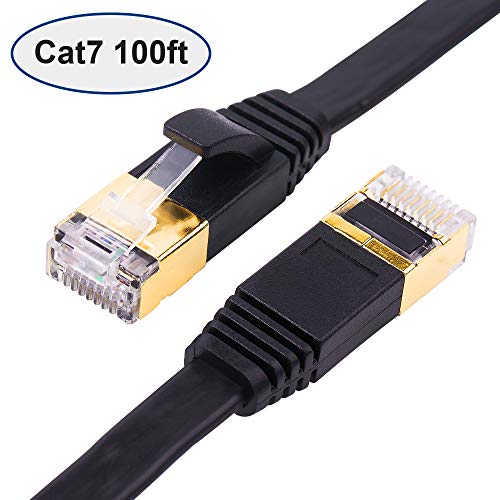Cat 7 Ethernet Cable 100 ft, Black Long LAN Cable with Clips, Fast Flat Wire for Switch, X-Box