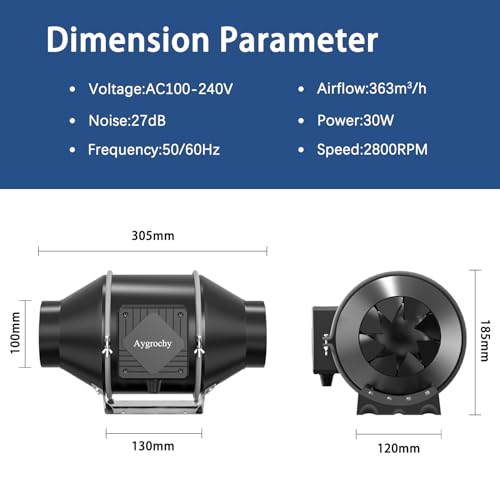 Aygrochy Adjustable Duct Fan 100 mm, Exhaust Fan 363 m³/h | EC motor pipe fan for basement, garage, kitchen, bathroom, growth tents, hydroponics, ventilation and exhaust blowers.