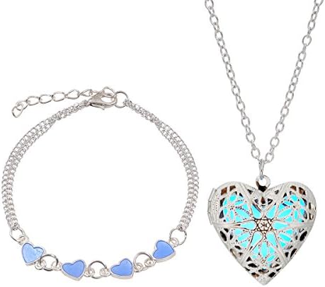 LightOnIt Magical Fairy Glow in the Dark Opening Heart Necklace-aqua-sil and Bracelet Set