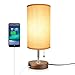 Hong-in Solid Wood Table Lamp Minimalist Design Bedside Nightstand Lamp with USB Charging Port Fabric Shade for Bedroom, Living, Study Room (Round)