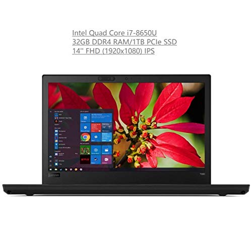 Lenovo Thinkpad T480 14″ Full HD FHD (1920×1080) Business Laptop (Intel Quad-Core i7-8650U, 32GB DDR4 RAM, 1TB NVMe M.2 SSD) Backlit, NVIDIA MX150, Thunderbolt 3, Type-C, WiFi, Windows 10 Pro 64-bit