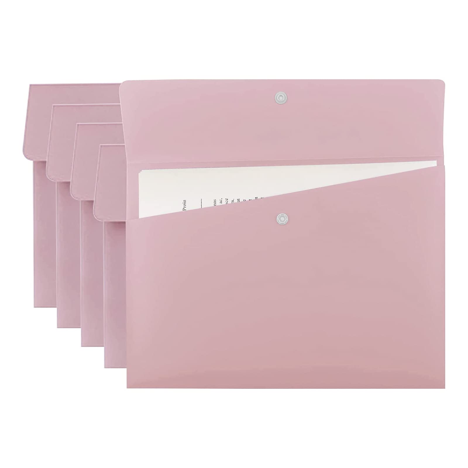 VANRA Poly File Folders Letter Size File Jackets Organizer Plastic Envelope A4 Flat Document Holder with Snap Button Closure (Pastel Pink, Pack of 5)