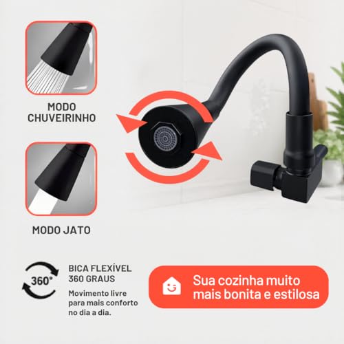 Torneira Gourmet de Parede Preta Fosca Flexível 1/4 Volta em Aço Inoxidável, Bica Móvel, Estilo Moderno para Cozinha, Alta Durabilidade e Acabamento Premium