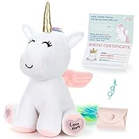 Unicorn Stuffed Animal - Cute Unicorn Gifts Large 13" White Unicorns Plush Toy w Pink Wings Rainbow Hair & Writable Pink Heart Paws! Gift Packaged for Graduation, Birthday or Valentines Gift for Girls