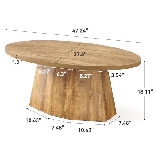 Oval Coffee Table, 47-Inch Living Room Table with Polygonal Pedestal, Modern Center Accent Furniture, Child-Friendly, Easy Assembly, Yellowish Brown