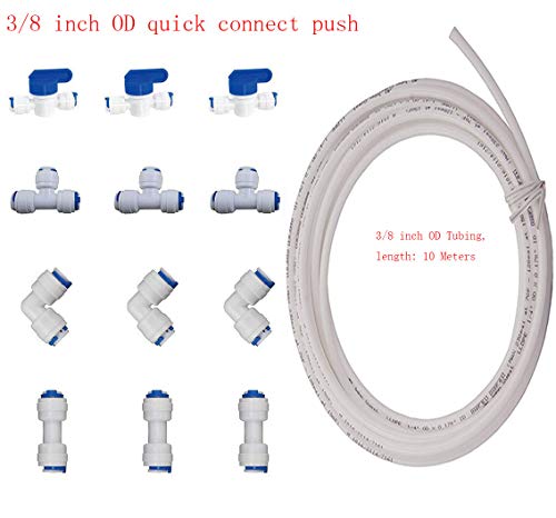 Rykey 12 pcs 3/8" Quick Connect Push In to Connect Water Purifiers Tube Fittings for RO Water Reverse Osmosis System+10 meters(32 feet) tubing hose pipe (white tubing 10 meters)