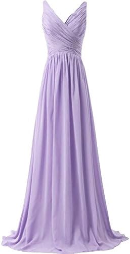 Chic Bride Long V Neck High Waist Bridesmaid Dress Long Evening Gowns Chiffon-8-Lilac