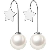 Reffeer Solid 925 Sterling Silver Pearl Drop Earrings Dangle for Women Pearl Dangle Earrings Star Drops